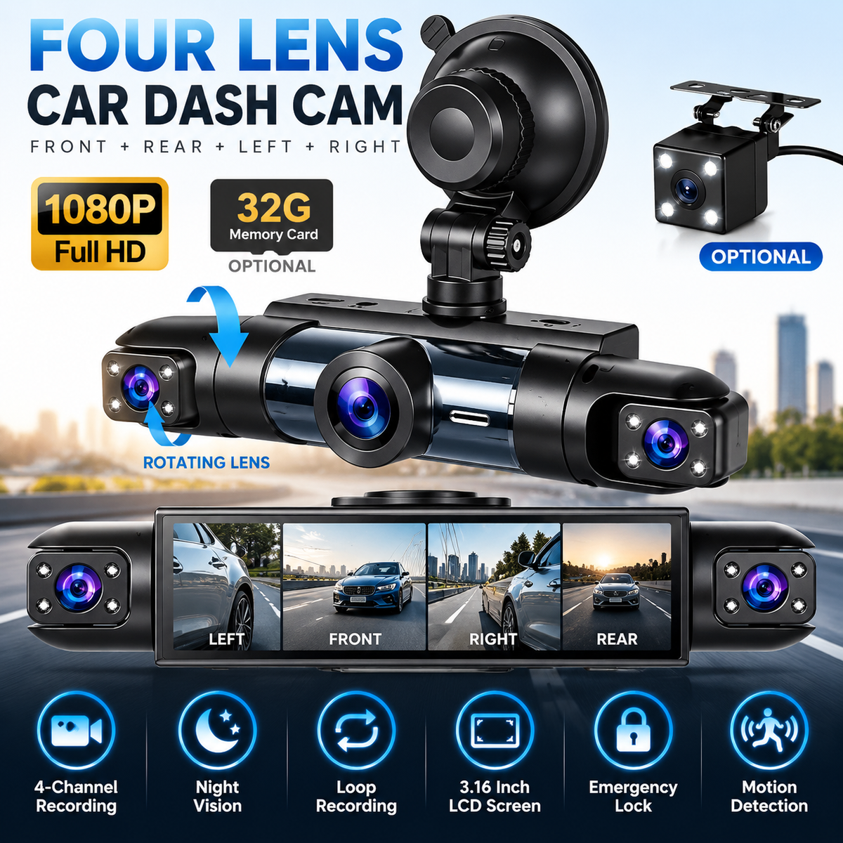 4-Channel Dash Cam with WiFi, Night Vision & Loop Recording