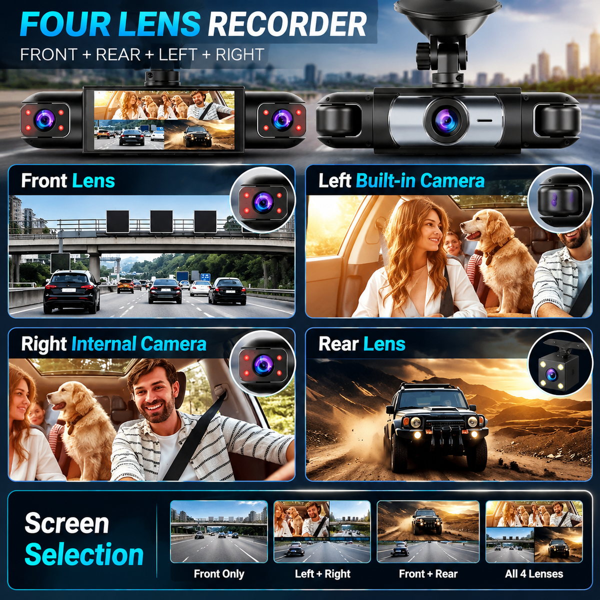 4-Channel Dash Cam with WiFi, Night Vision & Loop Recording